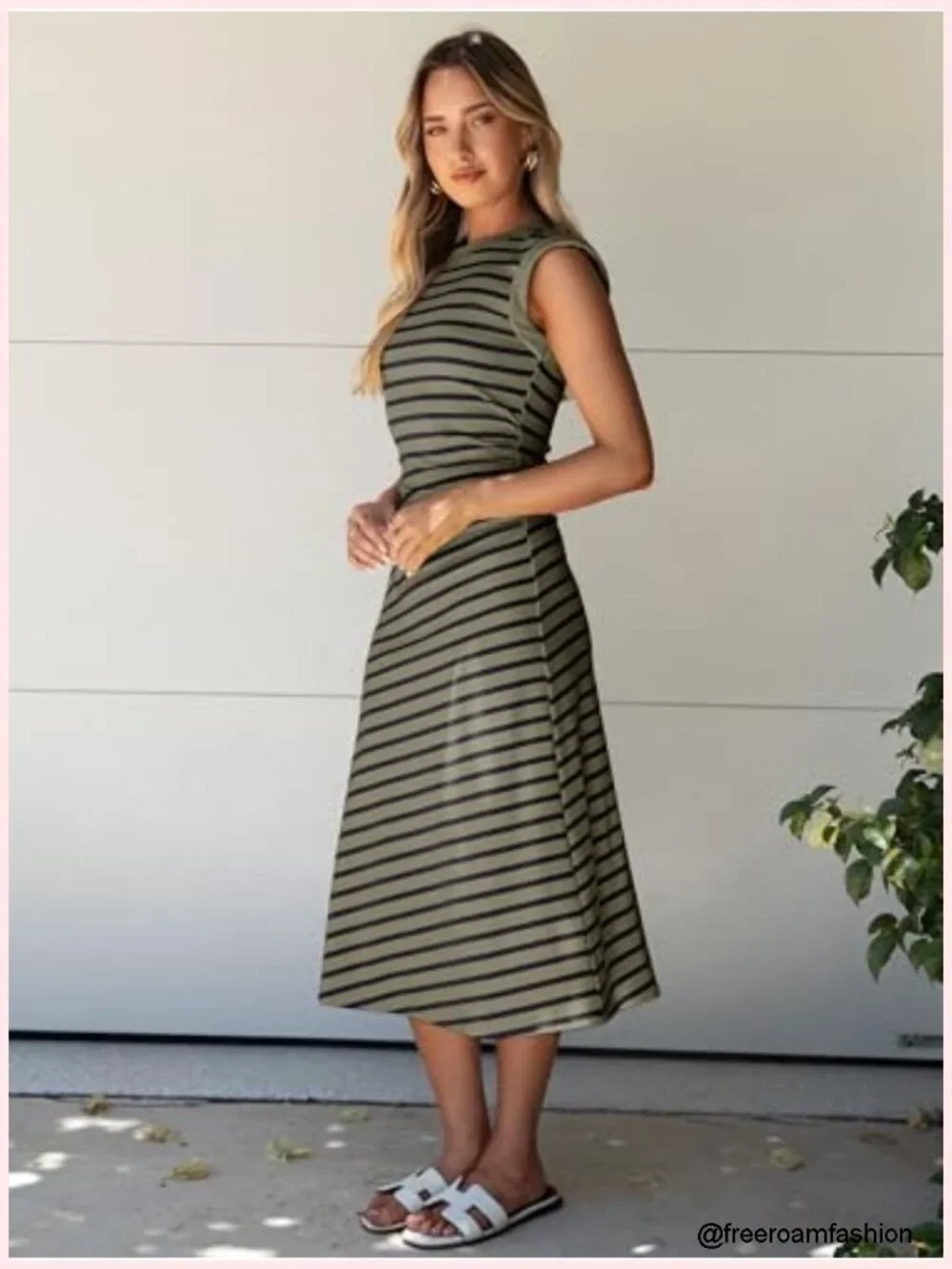 Women's Striped A-Line Midi Dress Cap Sleeve Casual Summer Dress Soft Stretch